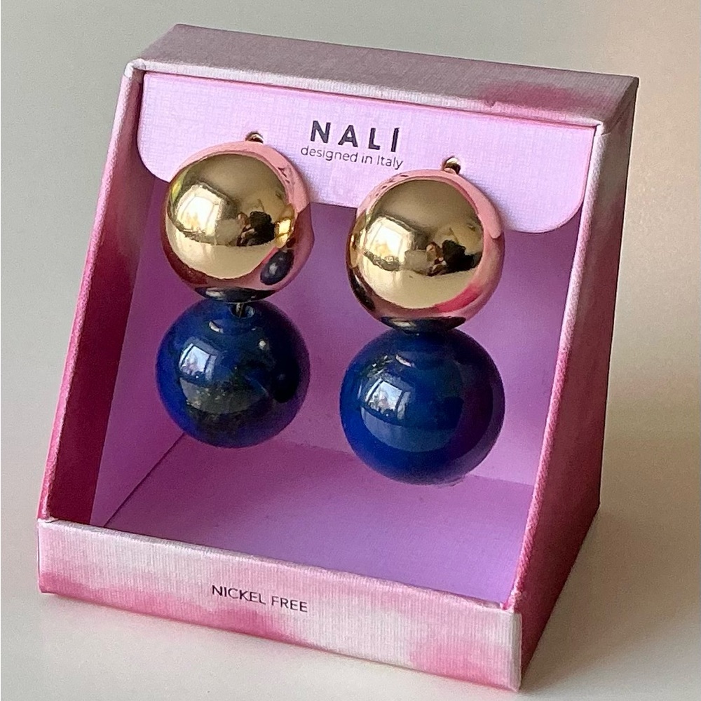 Nali Italian Eclectic Gold Ton Brass Blue Resin Dopamine Sphere Earrings Wedding
